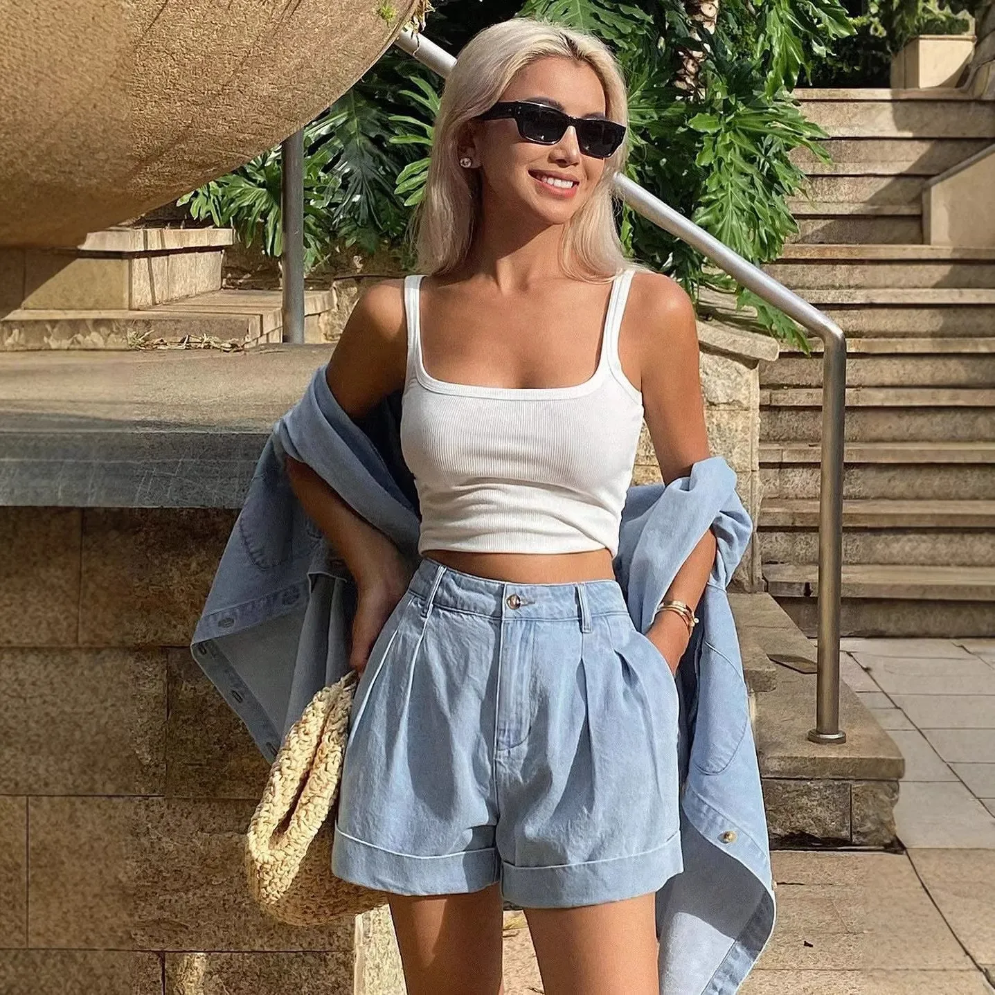 Casual Shirt Set with Edgy Street Washed Three Quarter Pants Spring Long Sleeve Pocket Streetwear Regular Sleeve Women Shorts