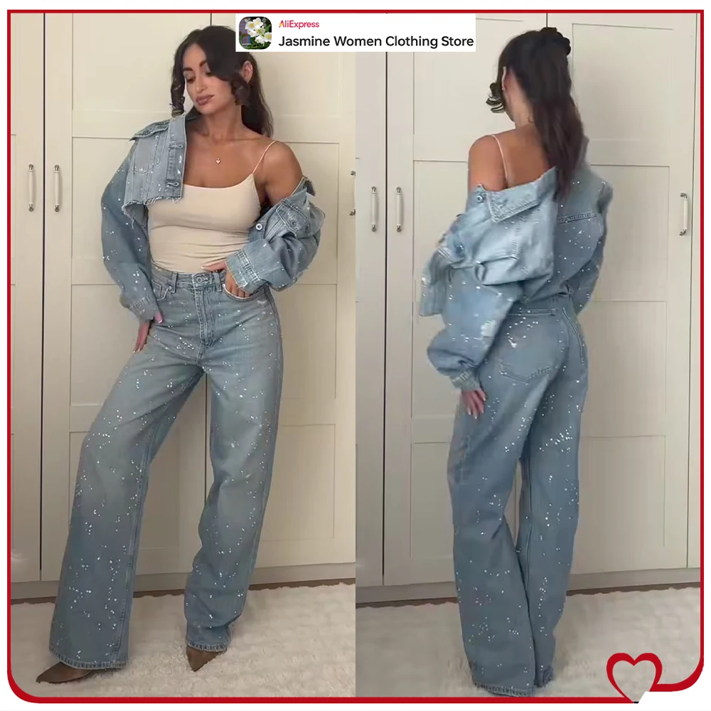 

Aesthetic Denim Pant Sets for Women Stylish Cowgirls New Matching Set Strass Crop Denim Jacket and Straight Leg Rhinestone Jeans