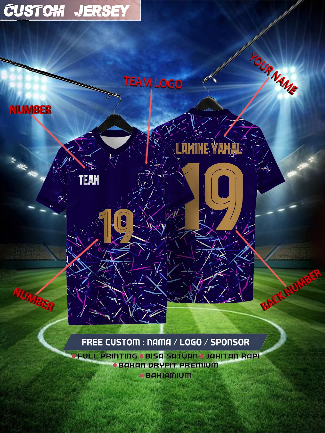 

Customized Geometric Navy Blue Short Sleeved Shirt with Team Name, Emblem, Name and Number, Outdoor Sports Short Sleeved T-shirt