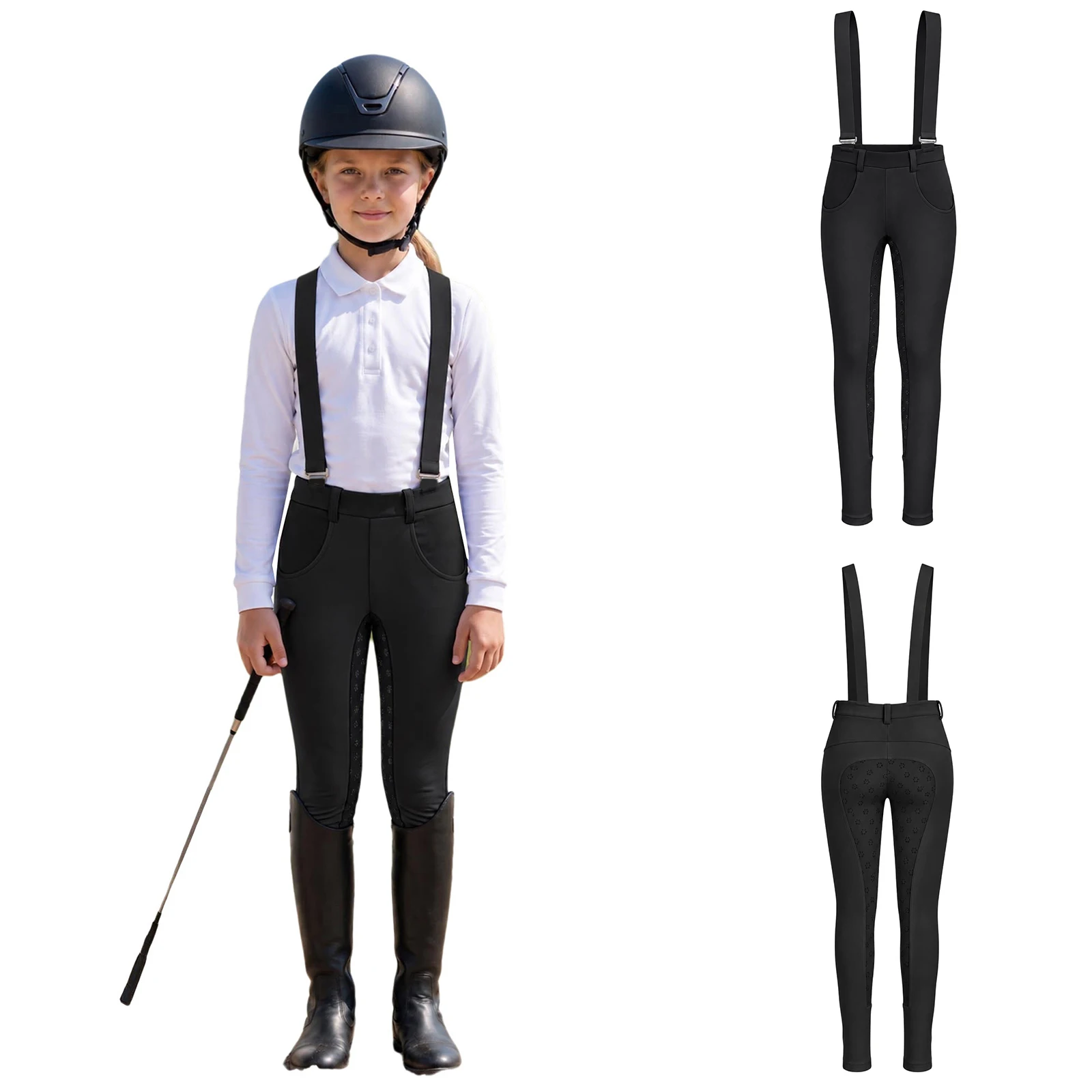 Kids Girls Horse Riding Overalls Pants Equestrian Breeches Elastic Waistband Anti-slip Full Seat Leggings Rompers with Pockets