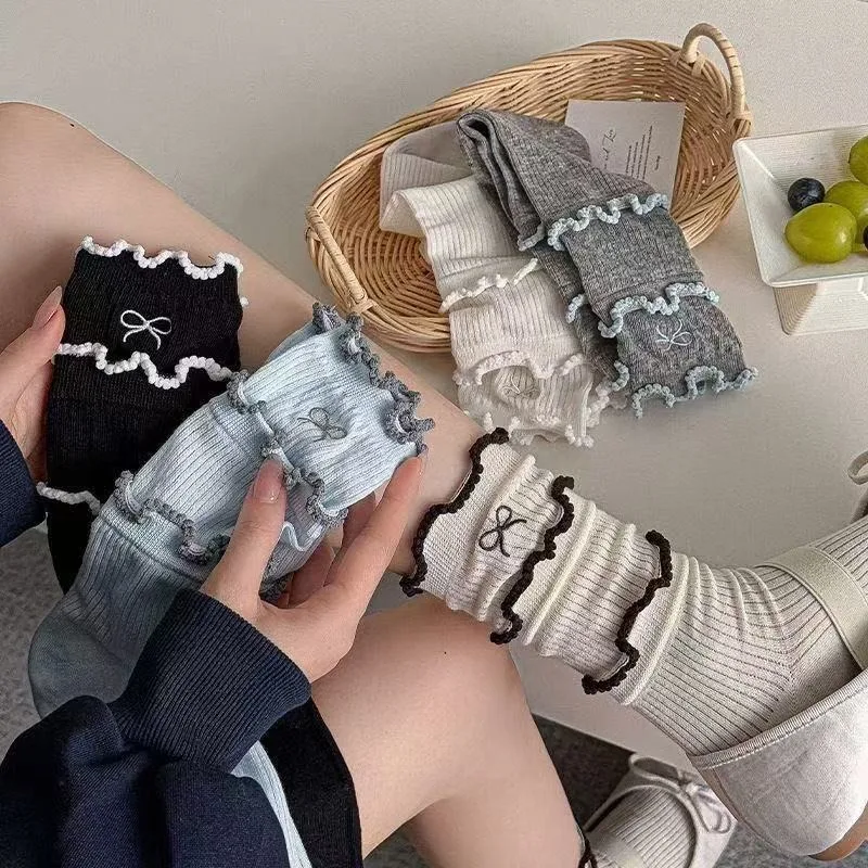 

5 пар весенне-летних длинных носков с кружевом из хлопчатобумажной ткани, женские простые удобные носки на тонкой дышащей подошве