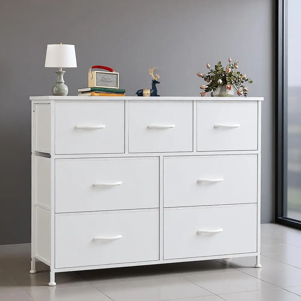 

Многофункциональный комод с 7 ящиками, широким тканевым шкафом, органайзером, подставкой под телевизор и классическим белым покрытием