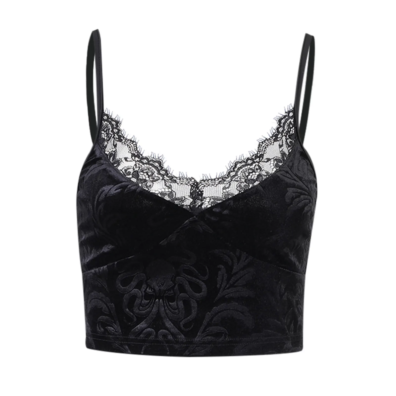 Frauen sexy Gothic Crop Top ärmellose V-Ausschnitt Blumen Spitze Trim Tank Leibchen Clubwear Outfit fallen y2k Streetwear