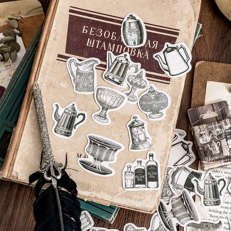 46 piece Boxed Stickers retro exquisite literary Marseille Tavern Vintage White Ink Handbook Decorative Material Stickers