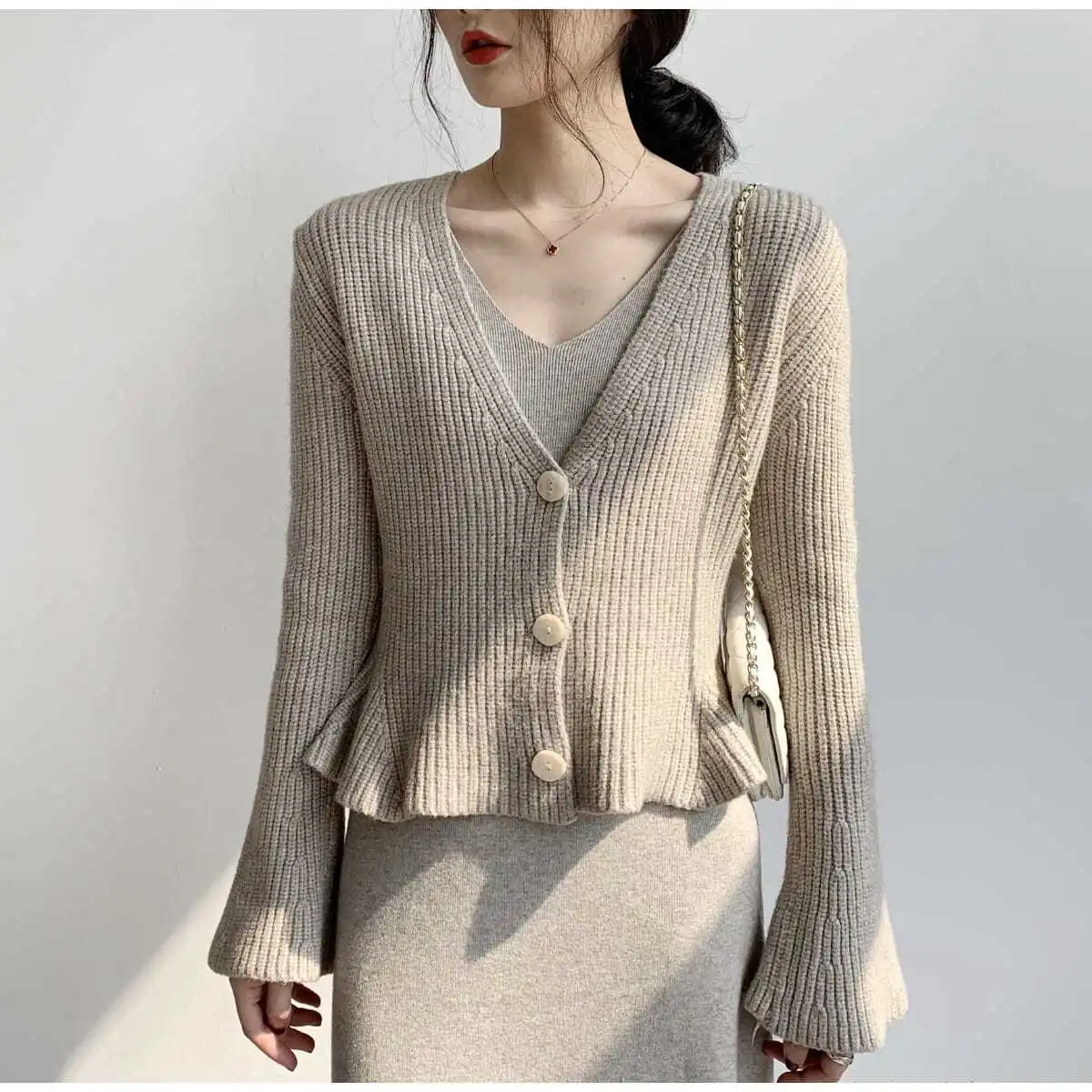 Cardigan Sweater Bell Sleeves With Ruffled Hem Spring Autumn Women Trend Vintage Knitted Long Sleeve Top 2023