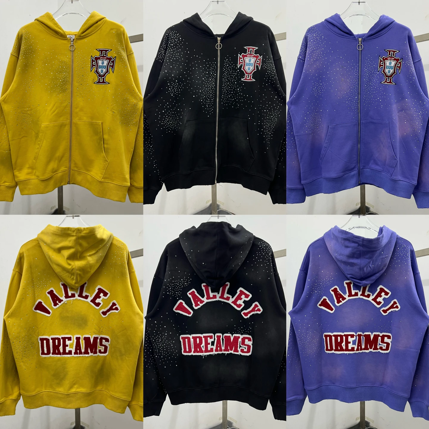 

VForever American Sle Heavyweight Retro Embroidered Flower Heat Set Diamond Hoodie Sweatirt ex Loose Zipper Jaet