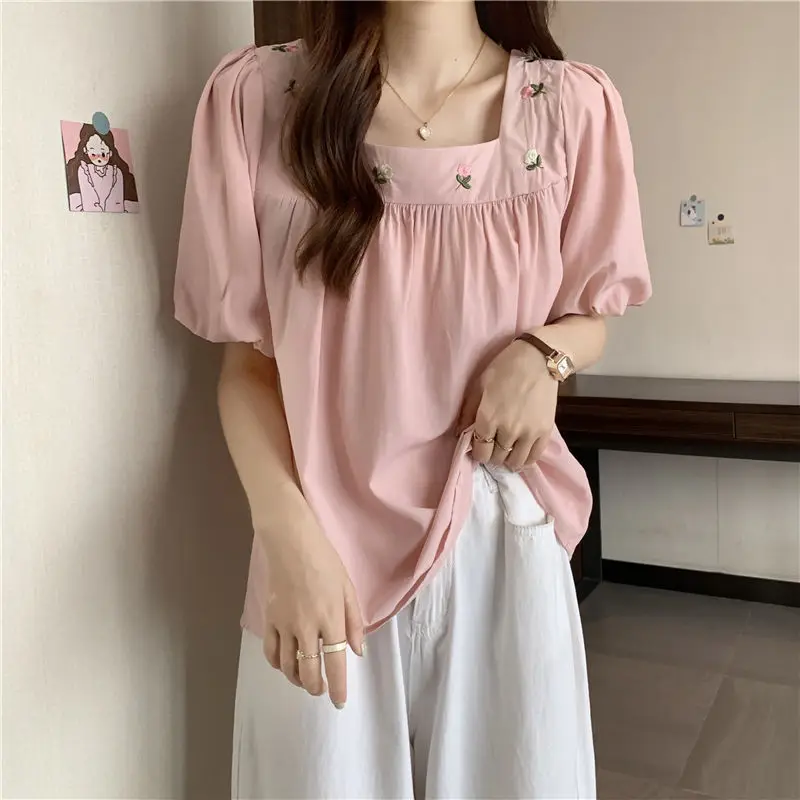 Women Stylish Vintage Embroidery Sweet Kawaii Blouses Square Collar Chic Short Sleeve Shirts Female Solid Loose Tops 2024 Summer