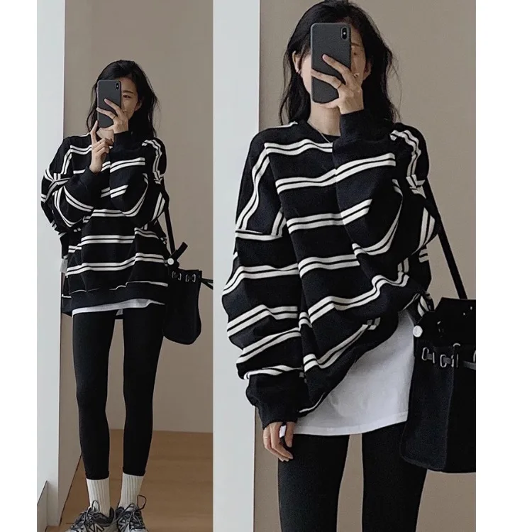 Autumn Loose-fit O Neck Black Striped Long Sleeve Sweatshirt Women Fall Casual Lazy Plus Size Top Trendy Pullovers Clothing