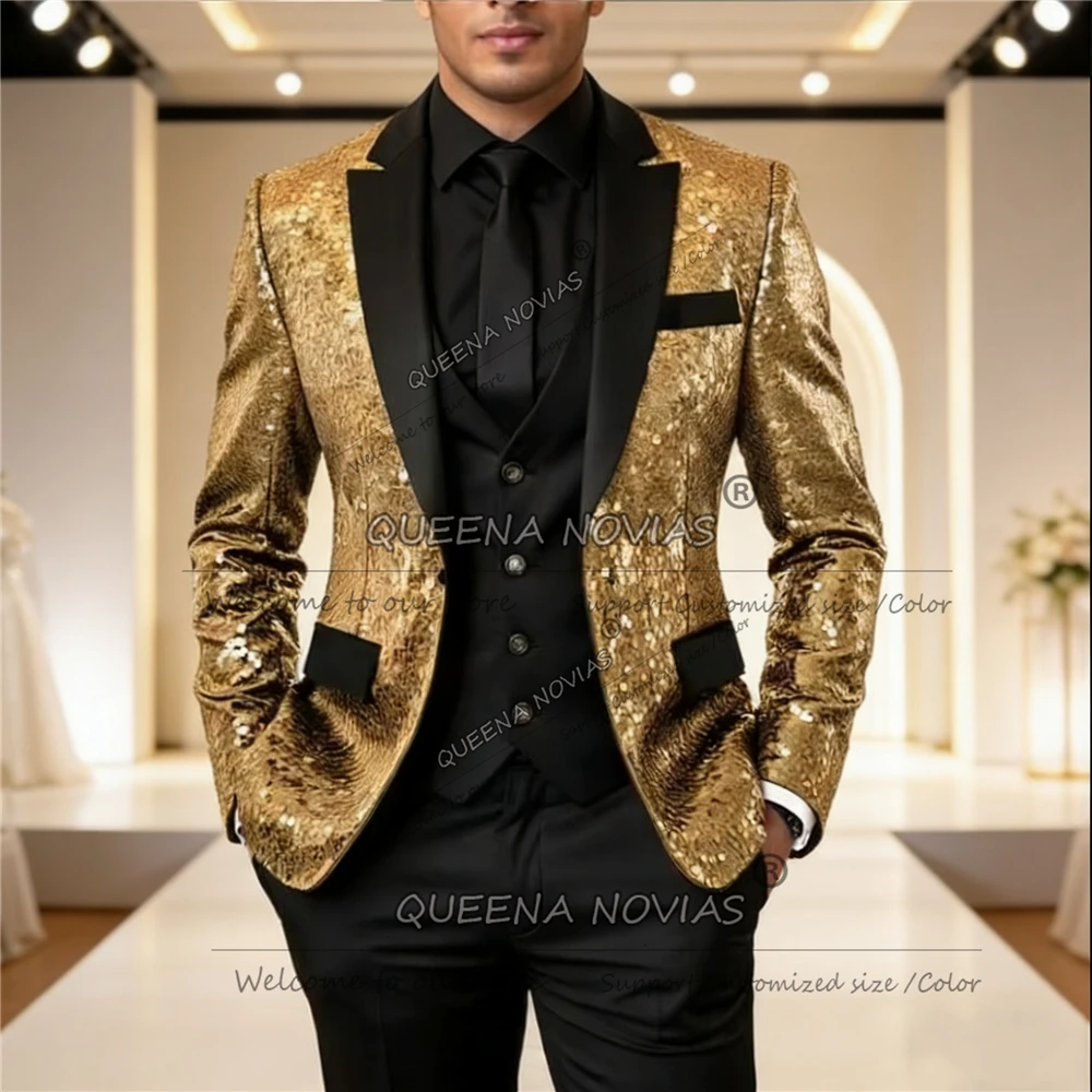 

Brilliant Sequin Man Wedding Tuxedos 3 Piece Set Black Shawl Lapel Prom Blazers Customized Groom Banquet Party Tuxedos Plus Size