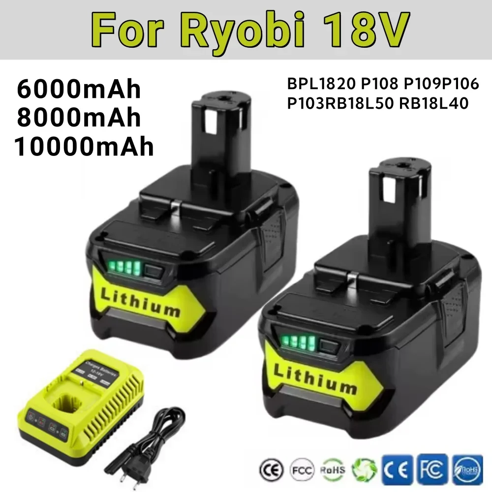 6.0Ah 8.0Ah 10.0AH For RYOBI P108 18V One+ Plus Battery 18 Volt Lithium-Ion Power Tools P104 P107 RB18L50 RB18L20 P108