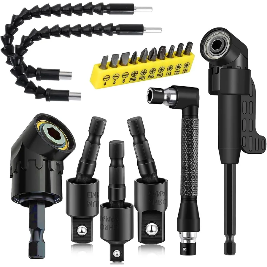 

18Pcs Flexible Drill Bit Extension Set with 3Pcs Rotatable Socket Adapter 2Pcs 105 Right Angle Drill Attachment 10 Short Screwd