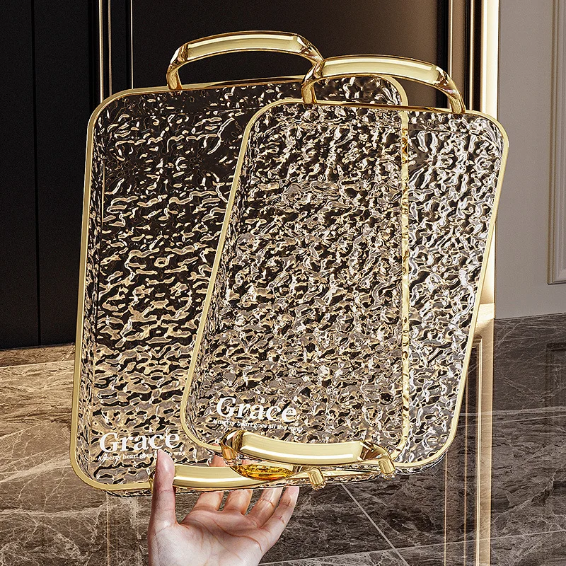 

Поднос для чая с золотой оправой, прямоугольный, для гостиной, для домашнего использования, чашка для воды, поднос для хранения чая, тарелка для фруктов, закусок, простая пластиковая пластина