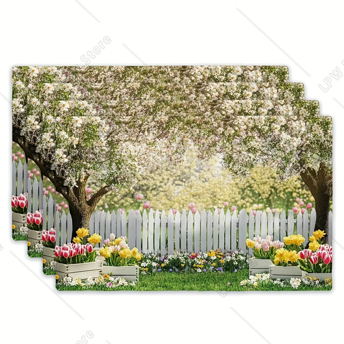 

4 шт., набор салфеток Cherry Blossom, белый забор, весенняя тема, салфетки, прямоугольные коврики для кухонного стола, 12x18 дюймов, идеальные