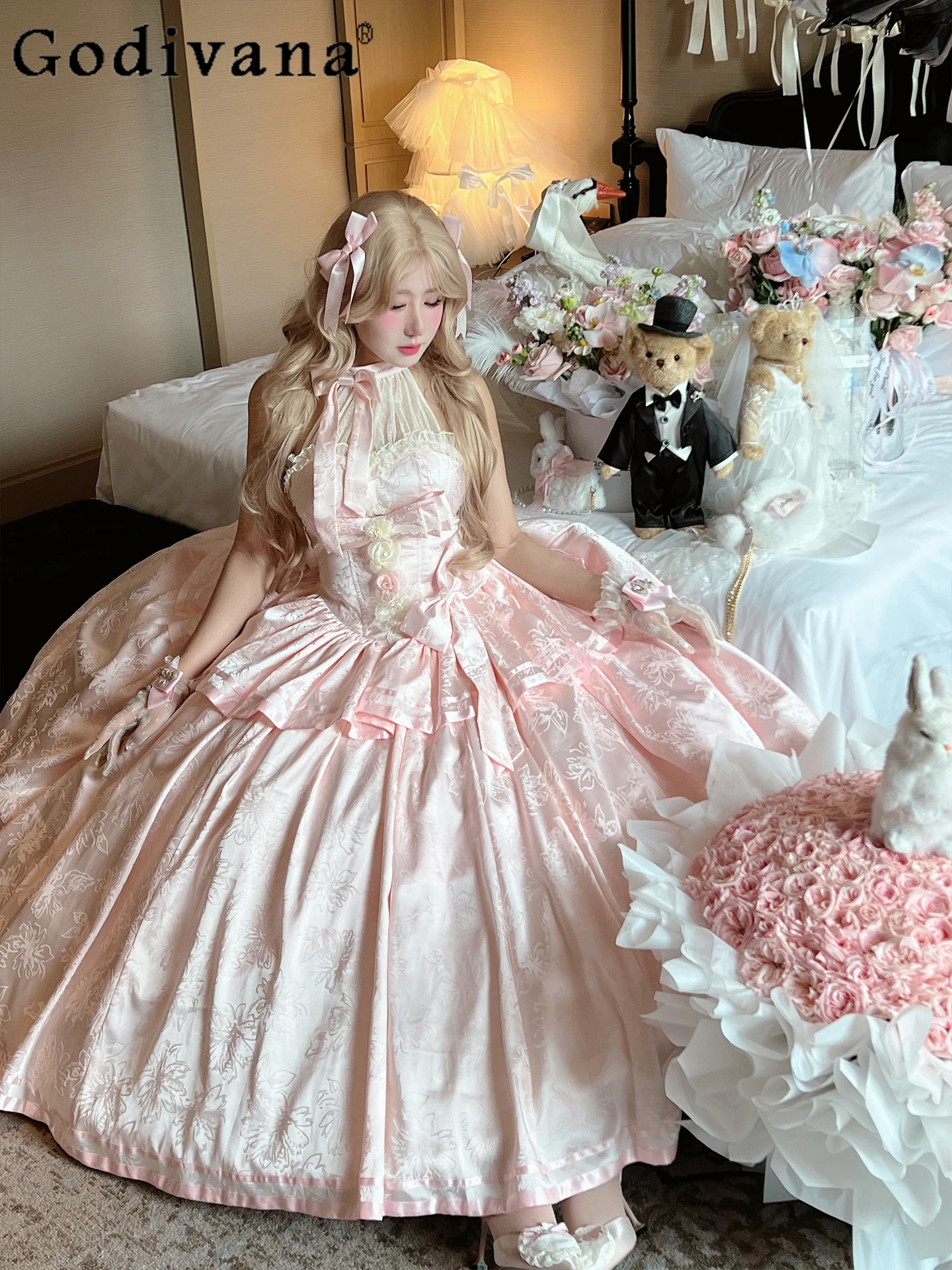 

Elegant Ladylike Japanese Original Lolita Halter Pink Dress French Style Gorgeous Sweet Girl Birthday Party Coming-of-Age Dress