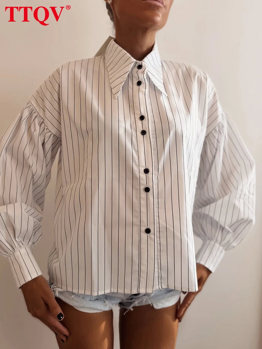 

TTQV Fashion Loose White Stripe Cotton Women's Blouse Autumn Lapel Long Sleeve Lady Shirt Elegant Classic Top Female Clothing