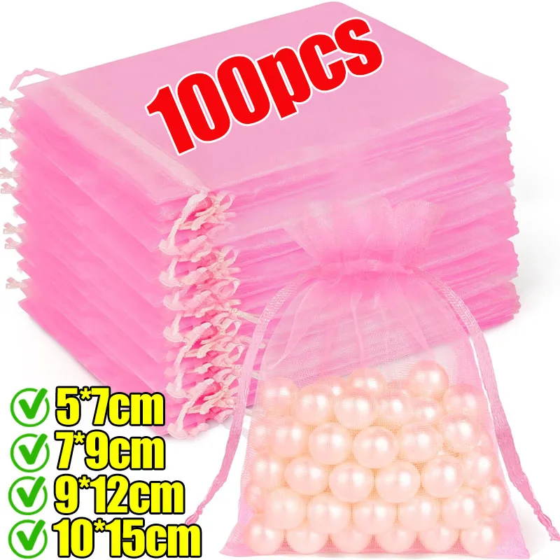 

Розовые органзовые мешочки на шнурке для украшений, 10/100 шт., для хранения конфет, упаковки подарков на свадьбу, вечеринку, Рождество, фестиваль