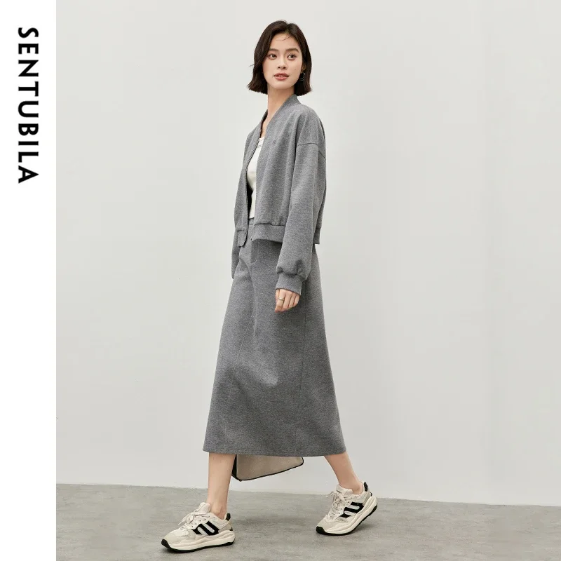 SENTUbila-2-Pieceレディースニットセット、野球カラー、クロップドスウェットシャツ、ストレートスリットヘムロングスカート、143z57129、2022冬