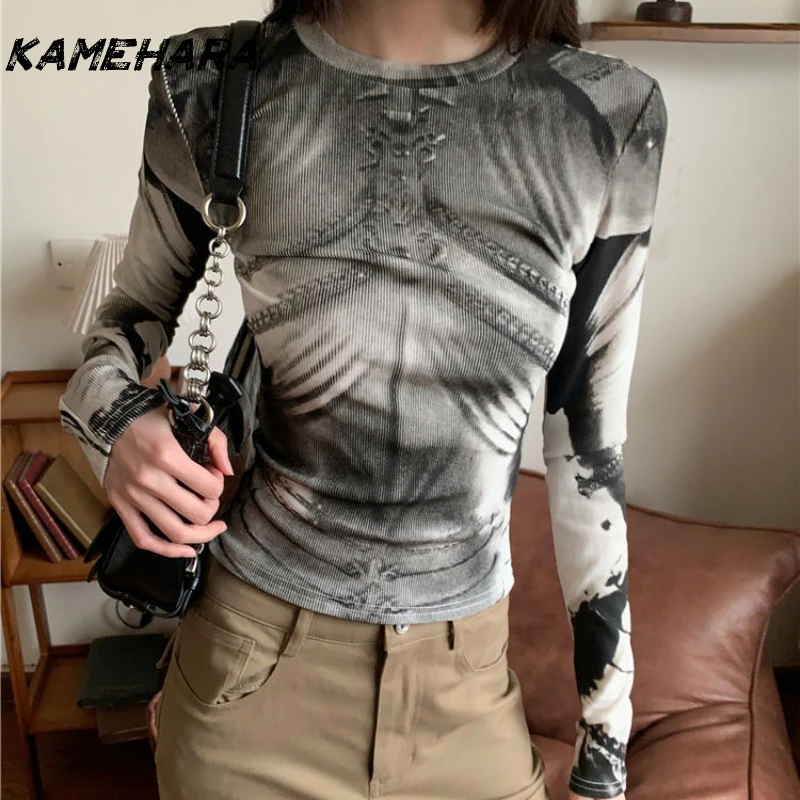 

KAMEHARA Vintage Printed Women's Autumn New Arrival Slim Long Sleeve T-Shirt Base Layer Top Korean Fashion 90s Summer Streetwear