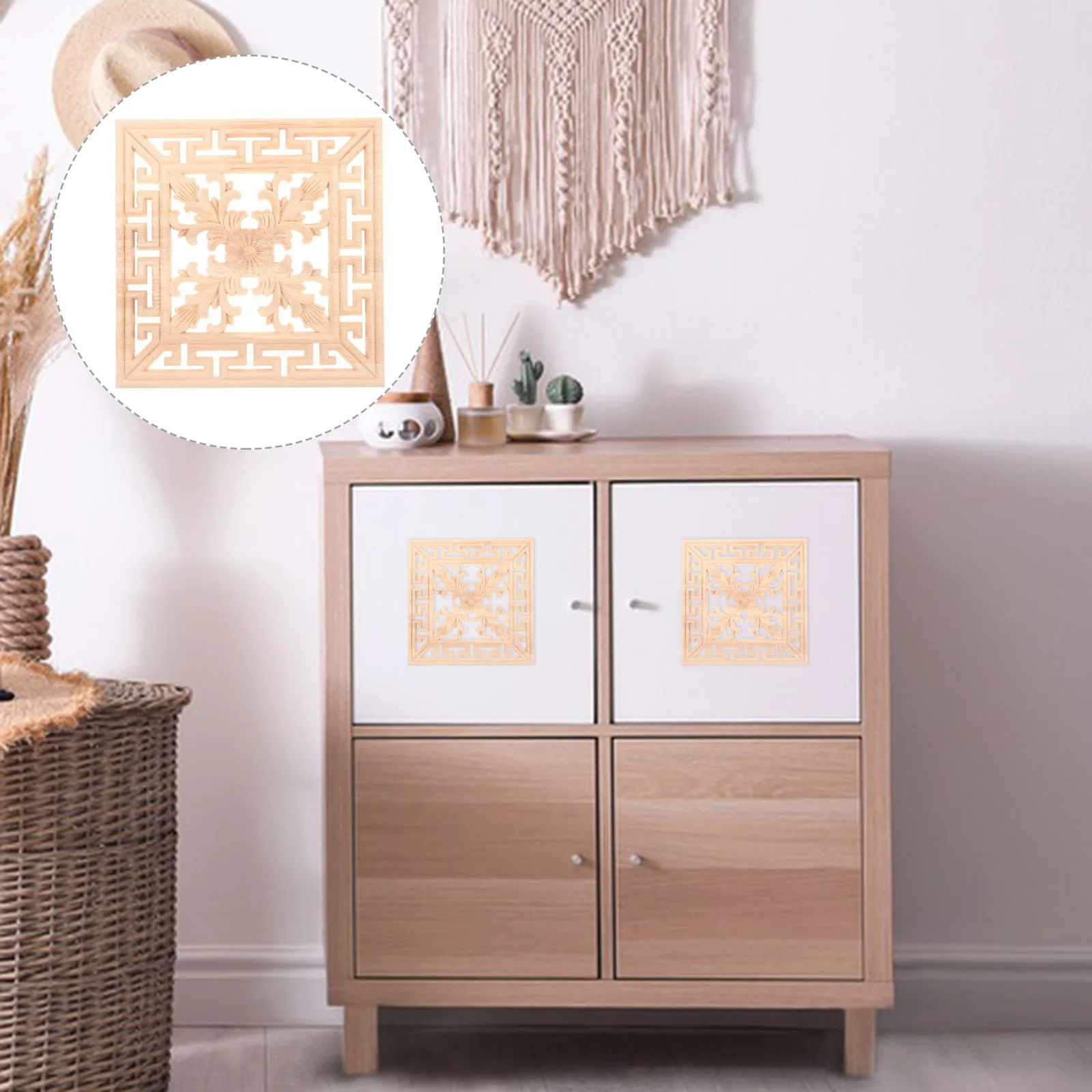 

Wooden Carved Appliques Onlays Square Unpainted Solid Wood Cabinet Door Furniture Decoration 20cm Precision Carving DIY Door