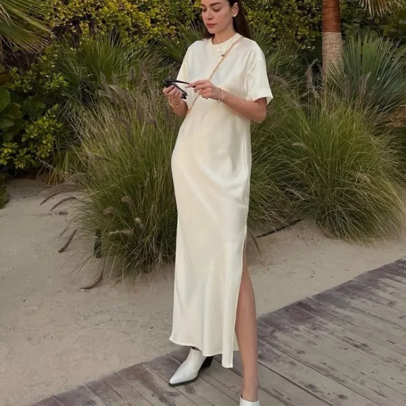 2025 مثير س الرقبة شق التخرج المشاهير كوكتيل فساتين الزفاف الضيوف أنيقة المرأة الصيف الساتان قصيرة الأكمام فستان طويل #2