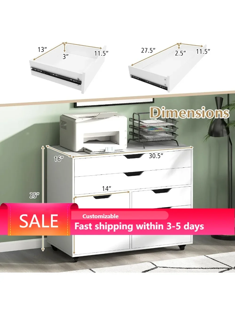 5-Drawer Mobile File Cabinet, Rolling Lateral Filing Cabinet with Storage, Printer Stand on Wheels for Home Office, White