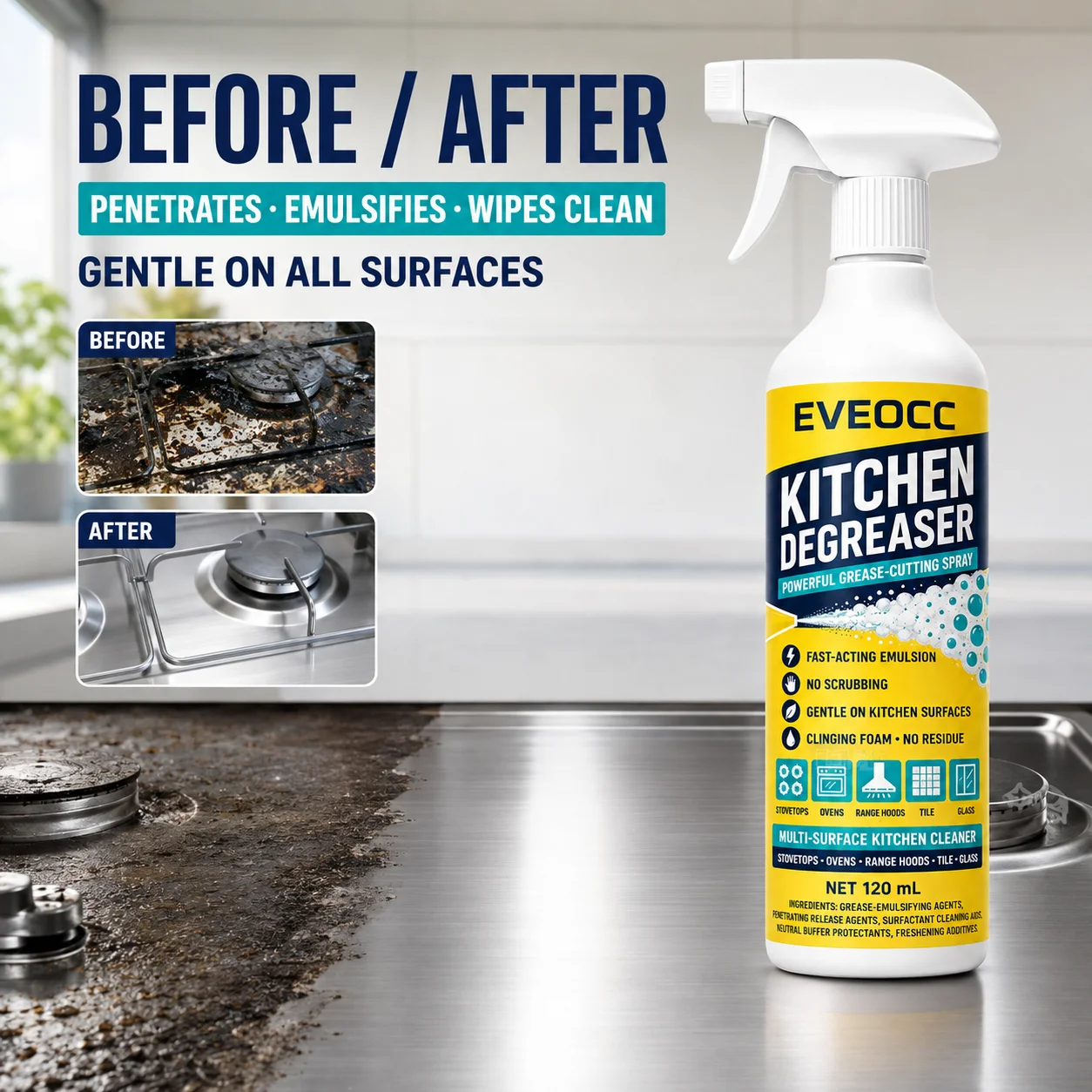 Household Kitchen Degreaser Foam Spray, Fast‑Acting Emulsion Grease Remover, Multi‑Purpose Kitchen Surface Cleaner
