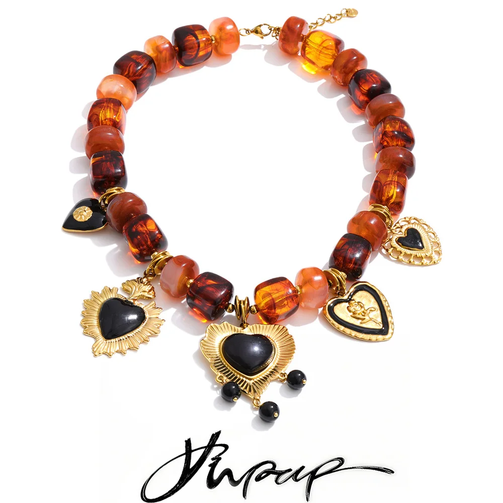 Yhpup New Arrivals Resin Beads Chain Heart Drop Handmade Necklace Waterproof Distinctive Charm Jewelry Accessories Waterproof