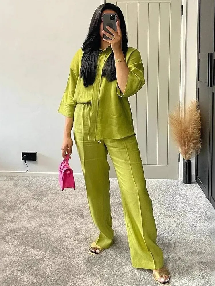 Nowy zestaw damskich spodni z klapami i rozcięciem na dole Casualowa koszula Top + elastyczne kieszenie w pasie Damskie długie spodnie z szerokimi nogawkami 2-częściowy dres