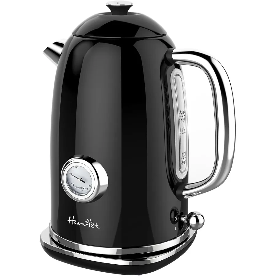 

Electric Kettle 1.8L Retro Stainless Steel Hot Water Kettle with Thermometer 1500W Fast Boiling Cordless Auto Shut-Off Black LE