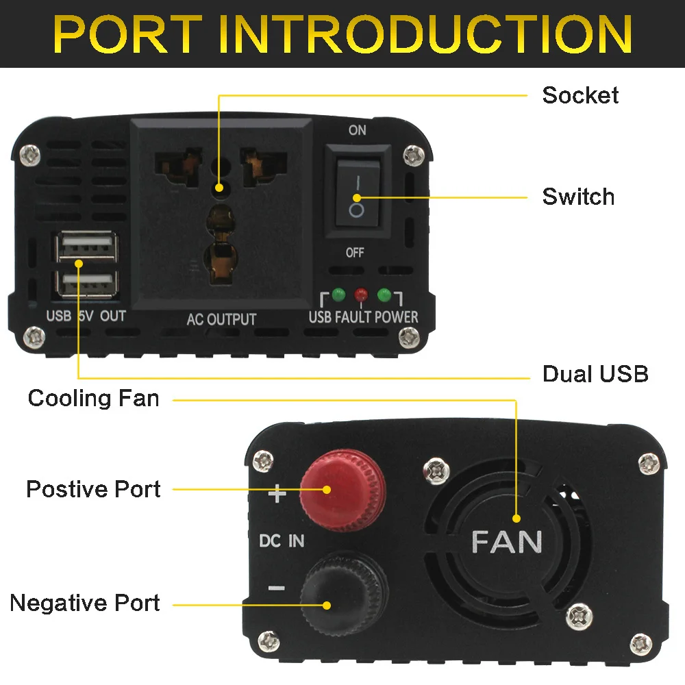 DC12V TO AC220V Inverter 2000W Peak Power Converter 50Hz/60Hz Universal Socket Dual USB Port Solor Car Inverter RV Outdoor USE