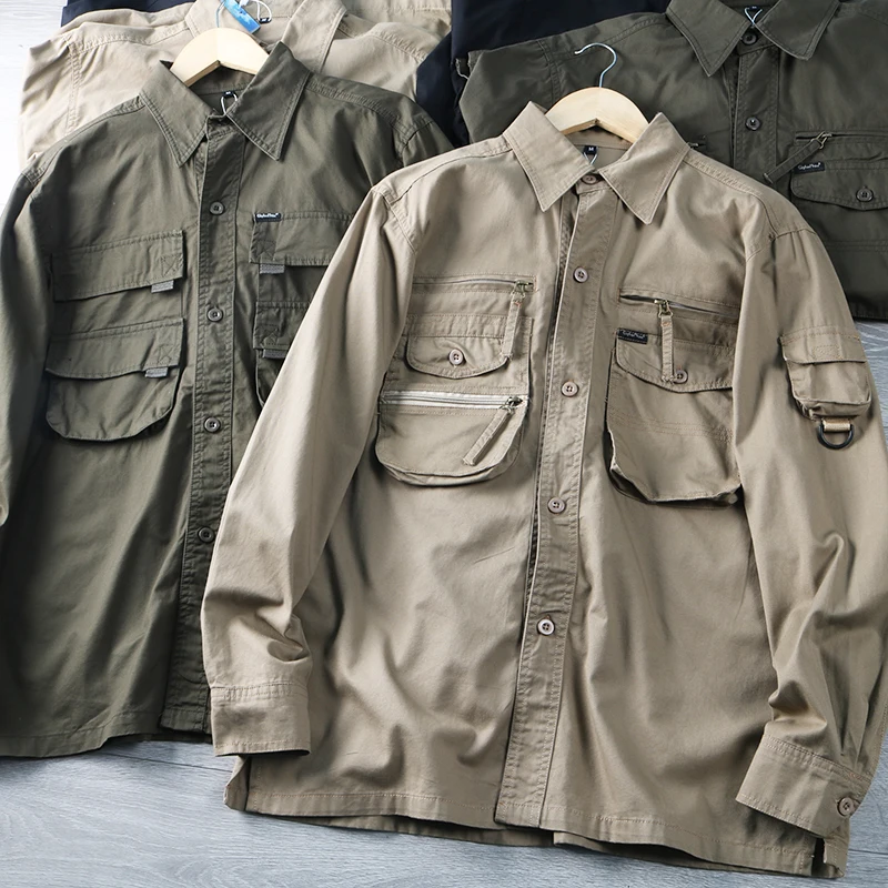 

Classic Waed Cotton Long Sve irt Outdoor Casual Thin Outerwear Multi-ket Workwear Sle Men's Autumn Faion