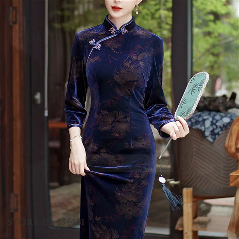 

sexy velvet Cheongsam Chinese Tradition Style Dress autumn winter Lady elegant qipao Dresses New Long Qipaos Plus Size 3XL4XL5XL