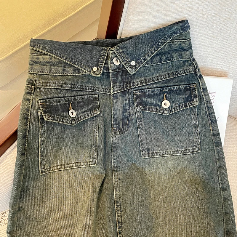 Vintage Blue Split Jeans Skirts Women High Waist Flip Waist A-Line Denim Skirt Long Skirt Y2K Trendy