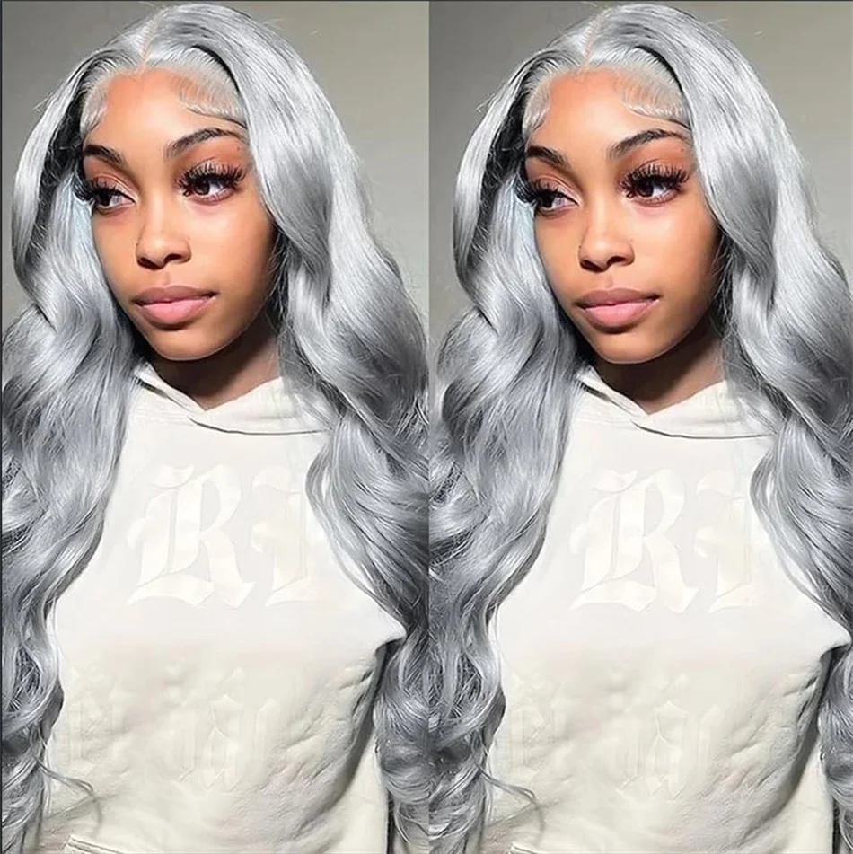 Grijze Body Wave Lace Front Pruiken Menselijk Haar Pre Geplukt 180 Dichtheid Grijs Mensenhaar 13 × 4 Voorpruiken Lijmloze Zilveren Kant Voorkant Pruik