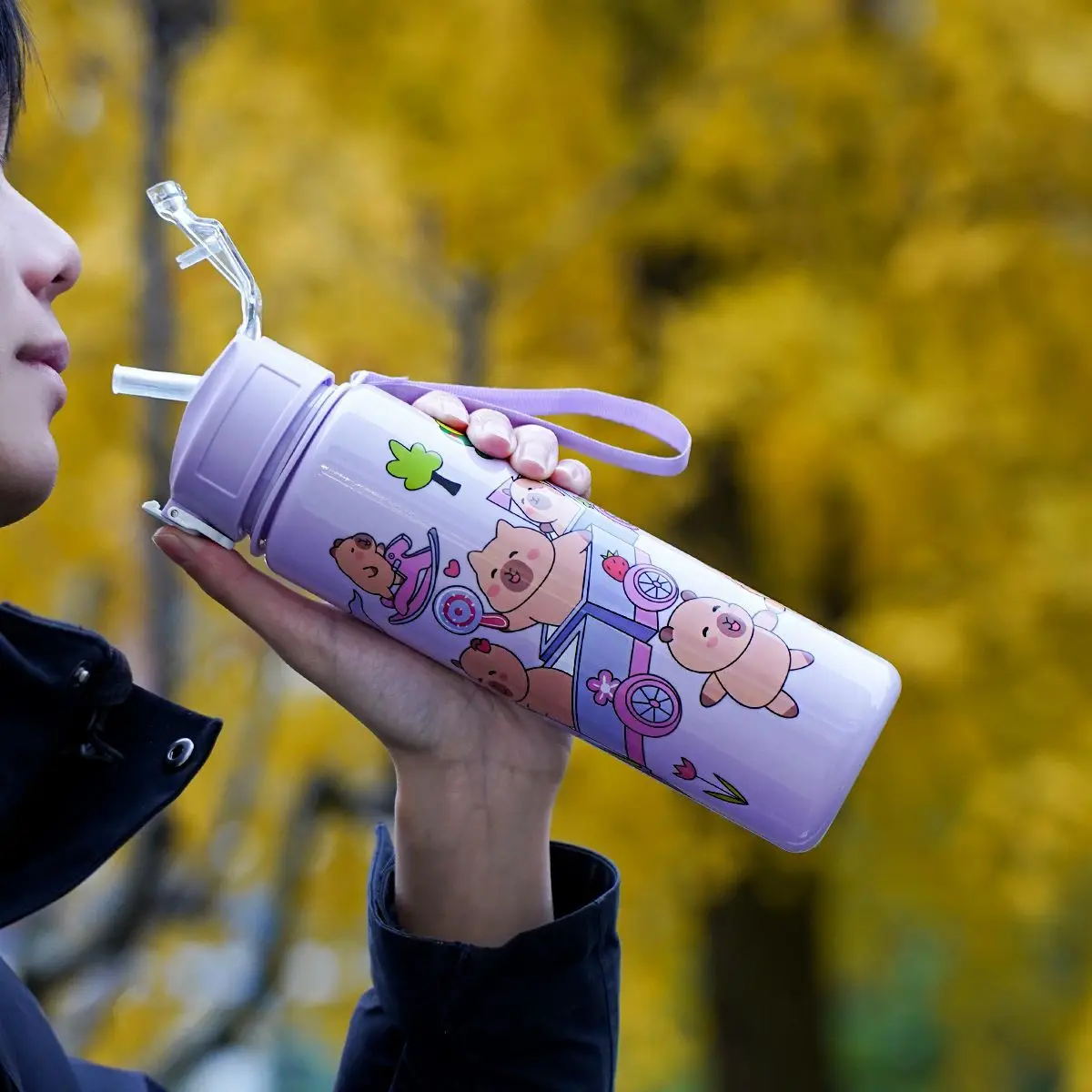 Capybara Large Capacity School Kids Ecofriendly Plastic Water Bottle Cartoon Capybara Children Outdoor Straw Cup