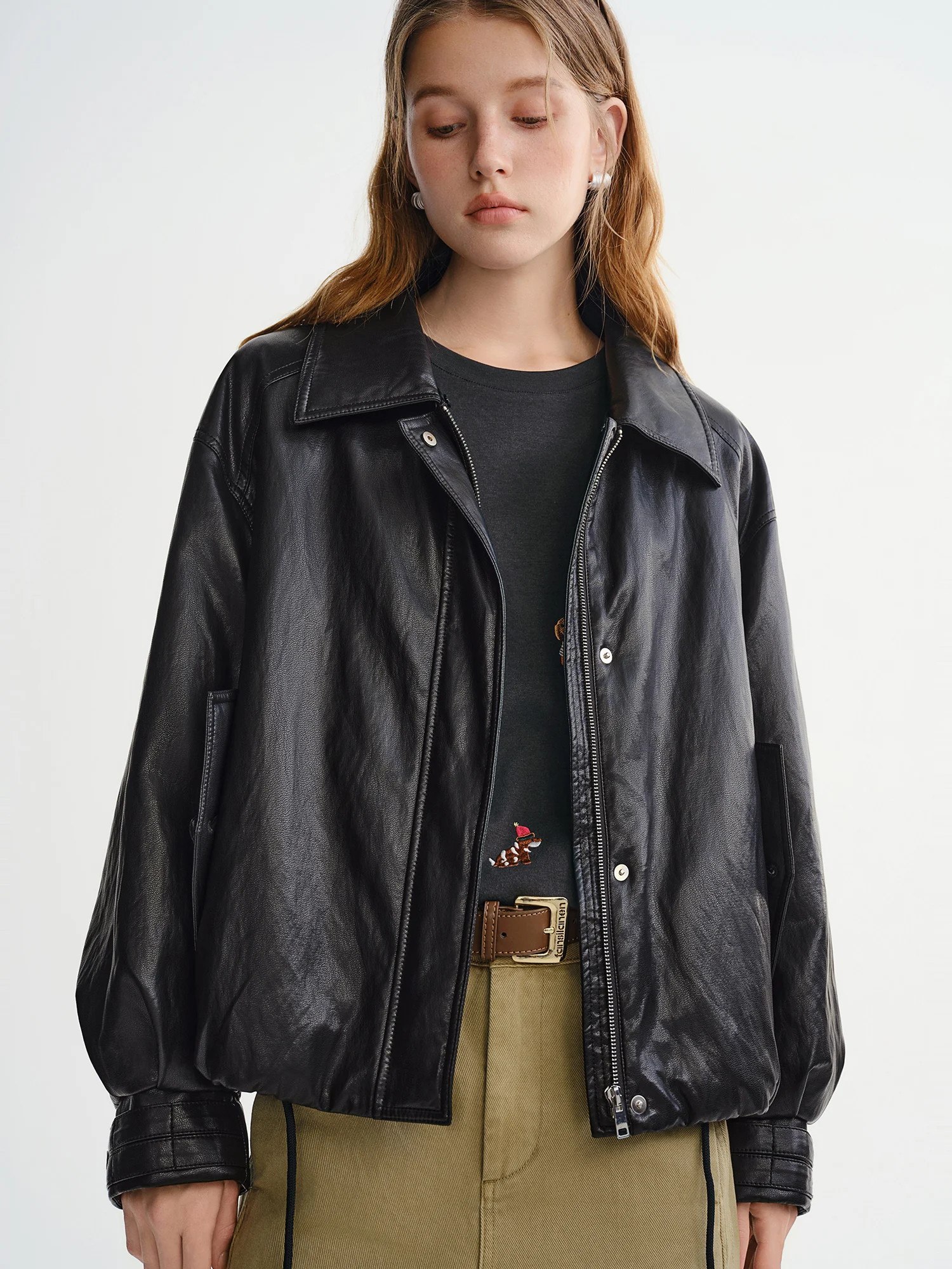 DUSHU Winter 2025 Women's Notch Lapel Protein Leather Down Jacket - White Duck Down Fill for Warm and Casual Winter Wear