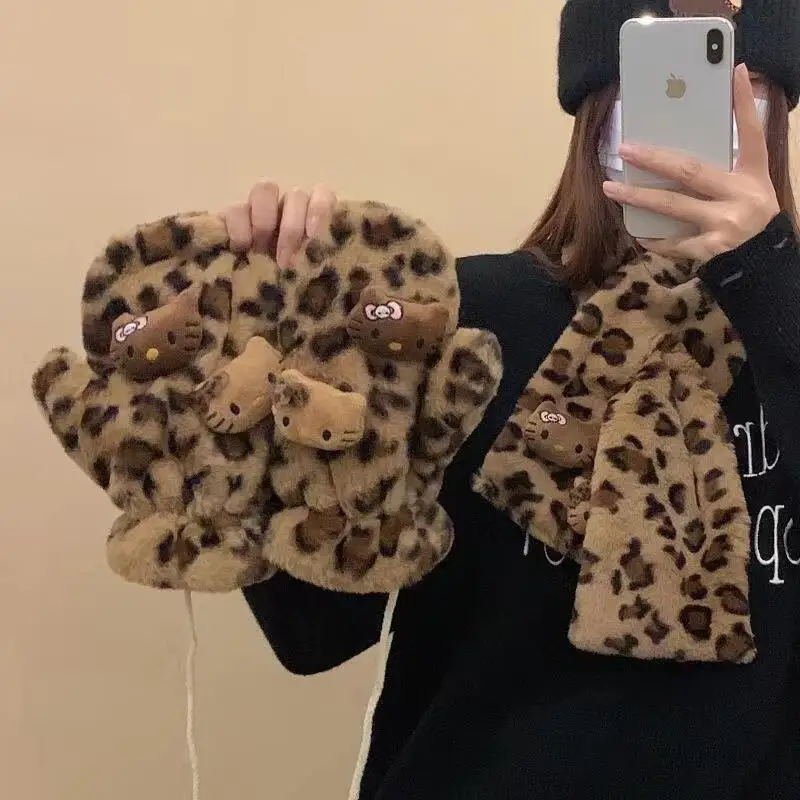 

New Sanrio Kawaii Hello Kitty plush leopard print hanging neck gloves with fingers Women's winter plush warm scarf student gift