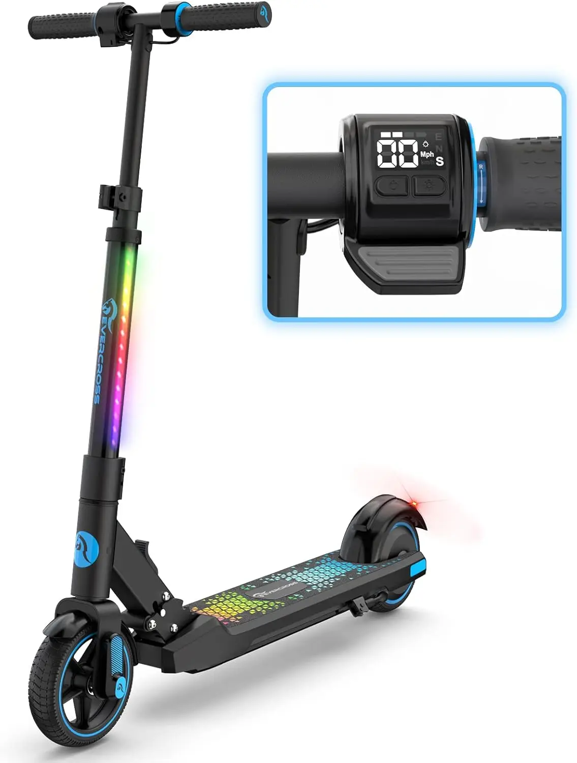 EVERCROSS EV06C Electric Scooter, Foldable Electric Scooter for Kids Ages 6-12, Up to 9.3 MPH & 5 Miles, LED Display, Colorful L