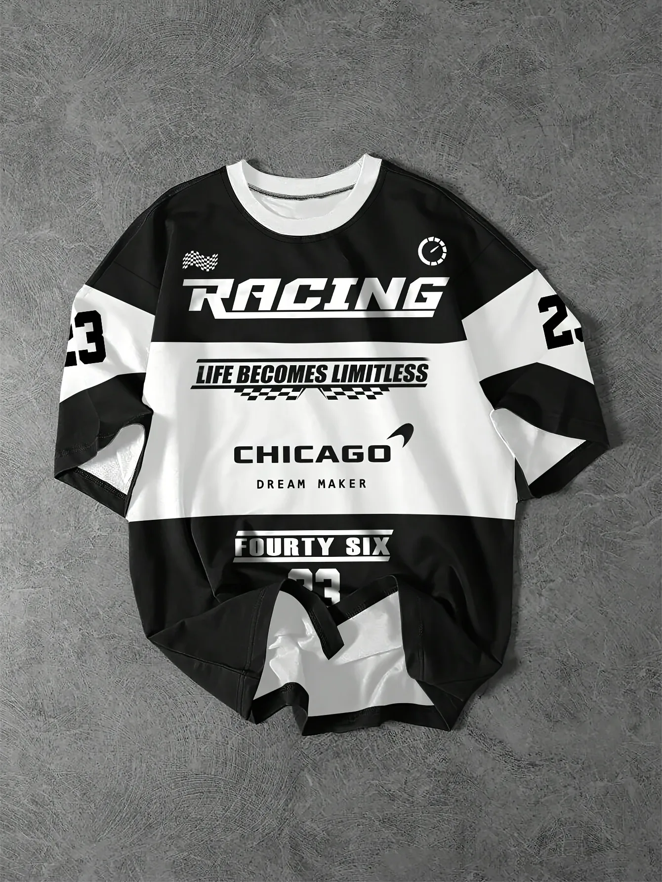 Men's Racing Themed Checkered Flag Graphic “Chicago” Letter Printed T-Shirt Round Neck Short Sleeve Summer Outdoor Fashion Top