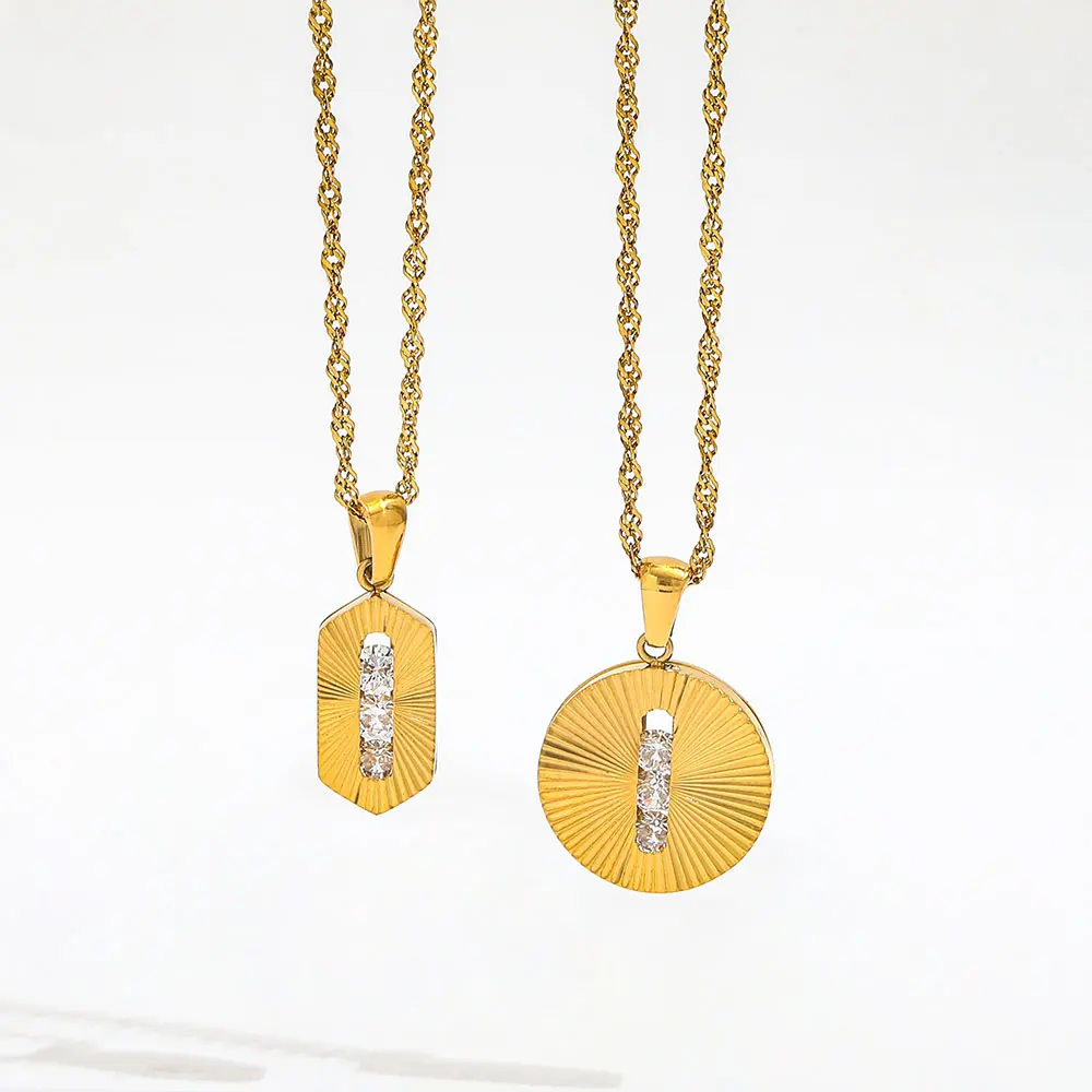 

Joolim Jewelry PVD Wholesale Waterproof Fashion Geometric Round Rectangle Zirconia Pendant Stainless Steel Necklace for Women