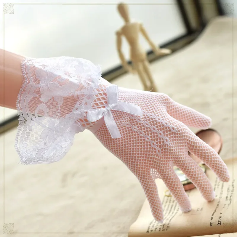 Sexy Lace Hollow Out Gloves Women Ceremony Etiquette Mesh Mittens Girls Gothic Lolita Glove Black White Thin Soft Elastic