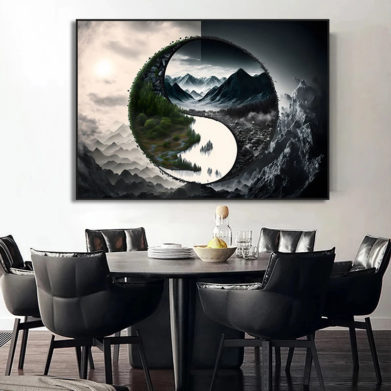 Tai Chi Yin Yang Eight Diagrams Koi Carp Landscape Nature Canvas Painting  Art Poster and Mural Living Room Entrance Decoration