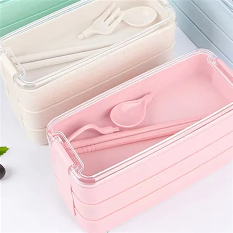 

Three-Layer Lunch Box Bento Box Outdoor Lunch Box Microwaveable With Fork & Spoon-B61B