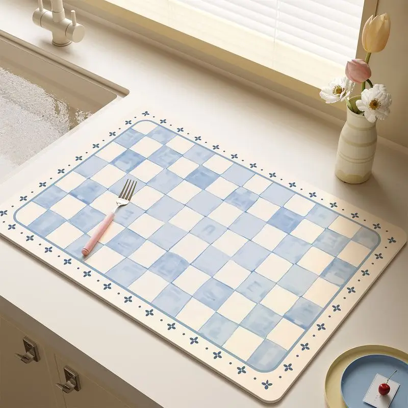 Rustic-Style Dish Rack Mat Blue-and-White Checkered Absorbent Heat-Resistant Non-Slip Kitchen Countertop Home Decor Mat