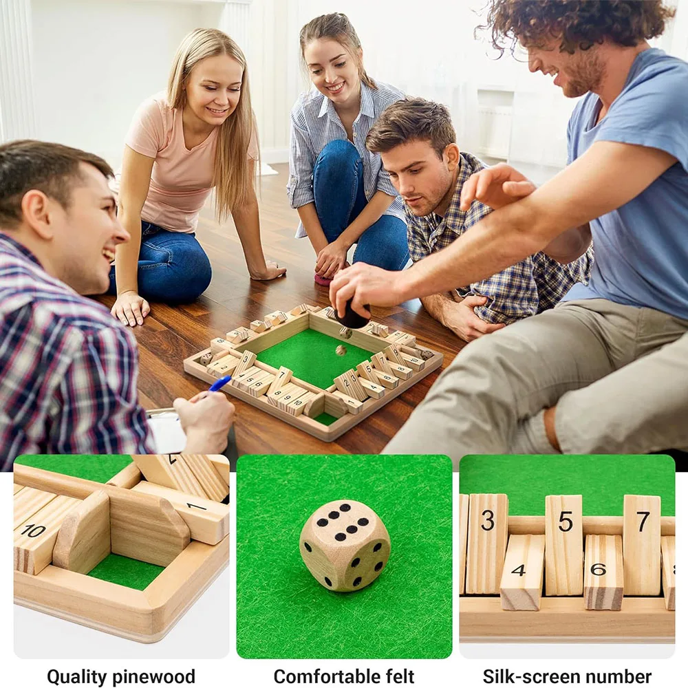 Shut The Box Dice Game Classic 4 Sided Wooden Board Game Flip 10 Numbers Classic Tabletop Party Entertainment Games