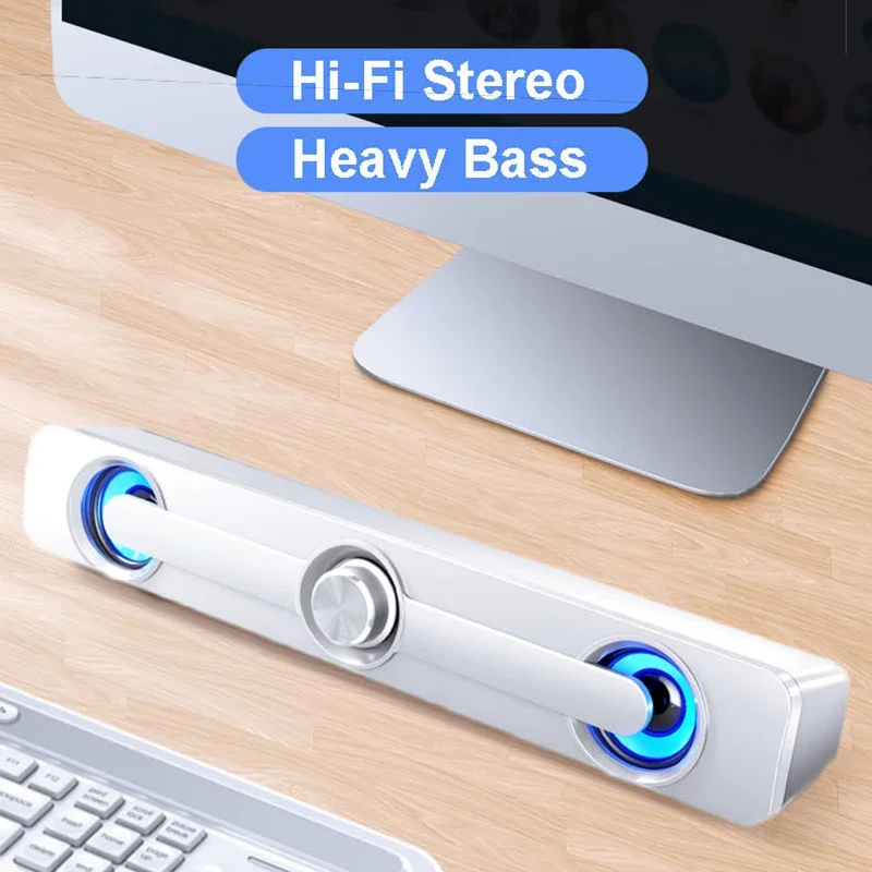 مكبر صوت ذكي متوافق مع الكمبيوتر يعمل بمنفذ USB، تصميم فريد مع ضوء أزرق
