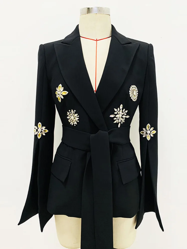 ZMEENNA Embroidered Flare Diamonds Bandage Patchwork Solid High Waist A-line Slim Women's Blazers 2024 Autumn Winter New ZM311