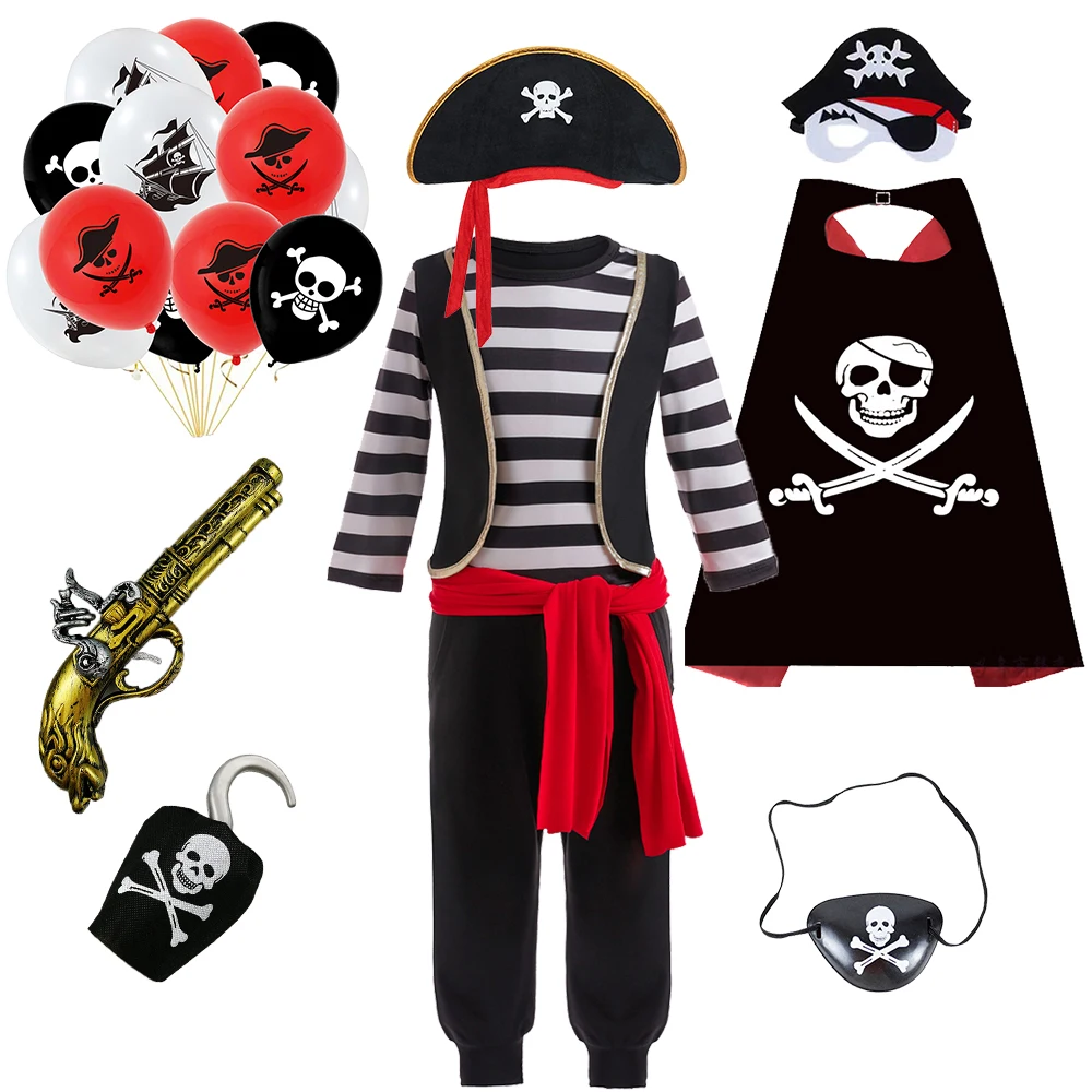 1-6 Y Caribbean Baby Boy Captain Jack Sparrow Cosplay Costume Stage Performance Pirate Cape Toddler Halloween Fancy Clothing Set