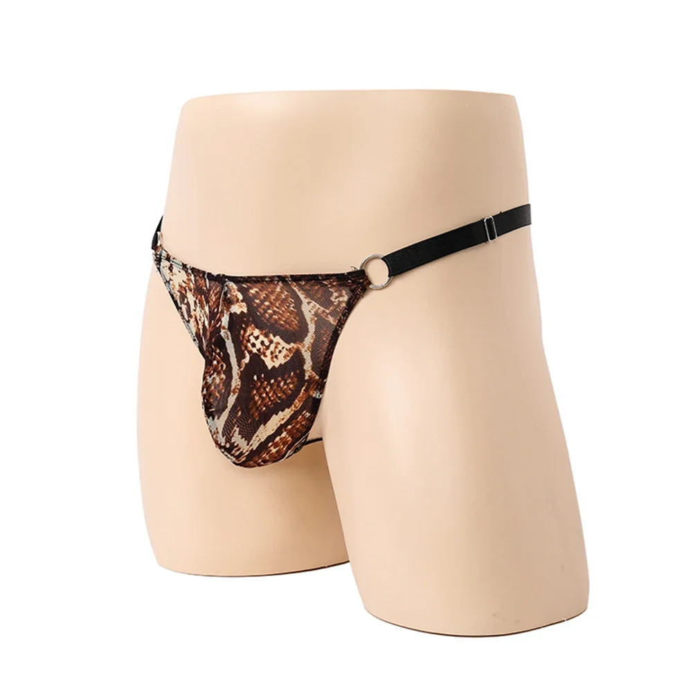 Mens Leopard Printed Thong Briefs Sexy Big Scrotum Pouch T-back Underpants Sheer Lace See Through G-string Panties Underwear