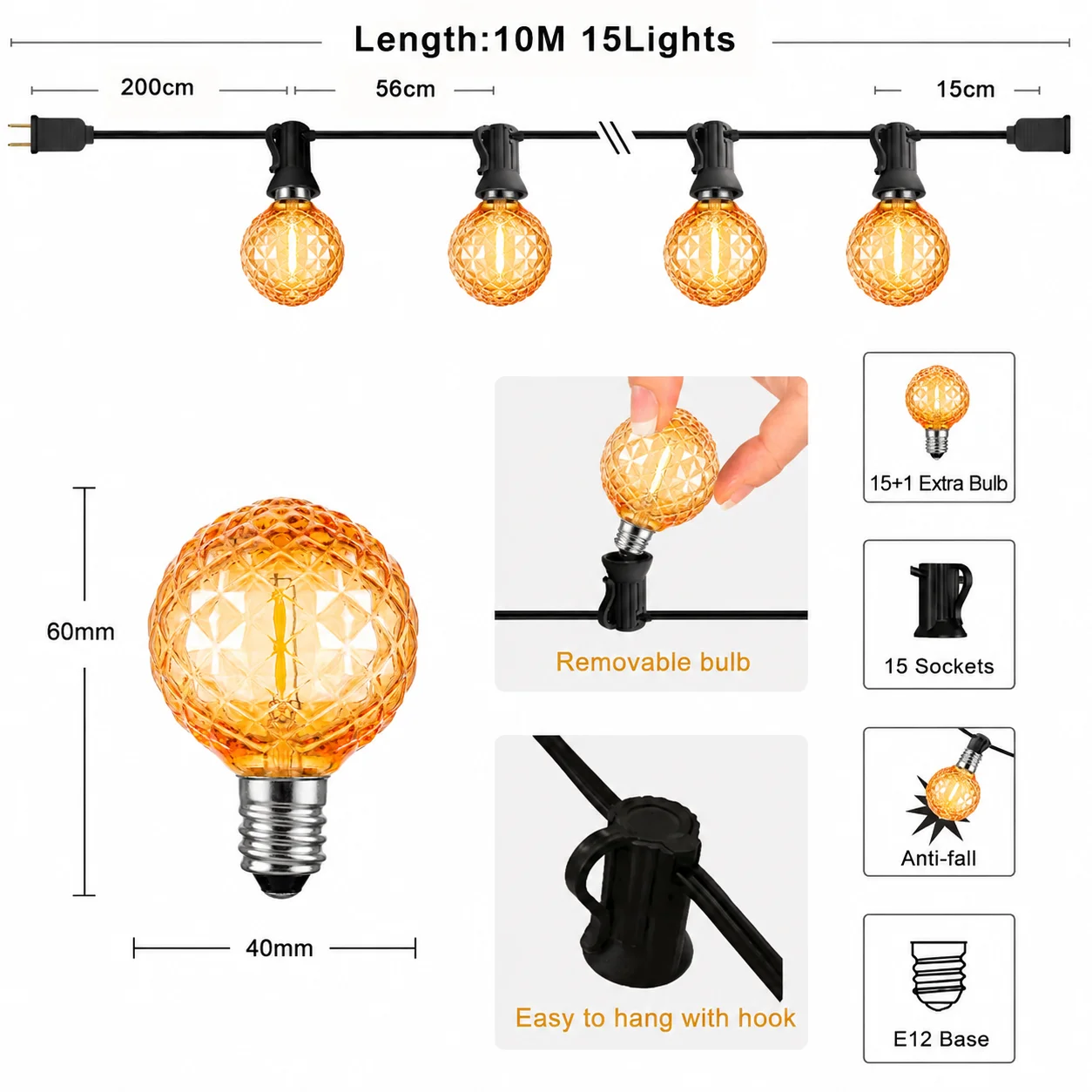 Diamond Shaped String Lights Outdoor Garland 1W 220V EU Plug Shatterproof Waterproof Plastic LED Bulb Dimmable Patio for Garden